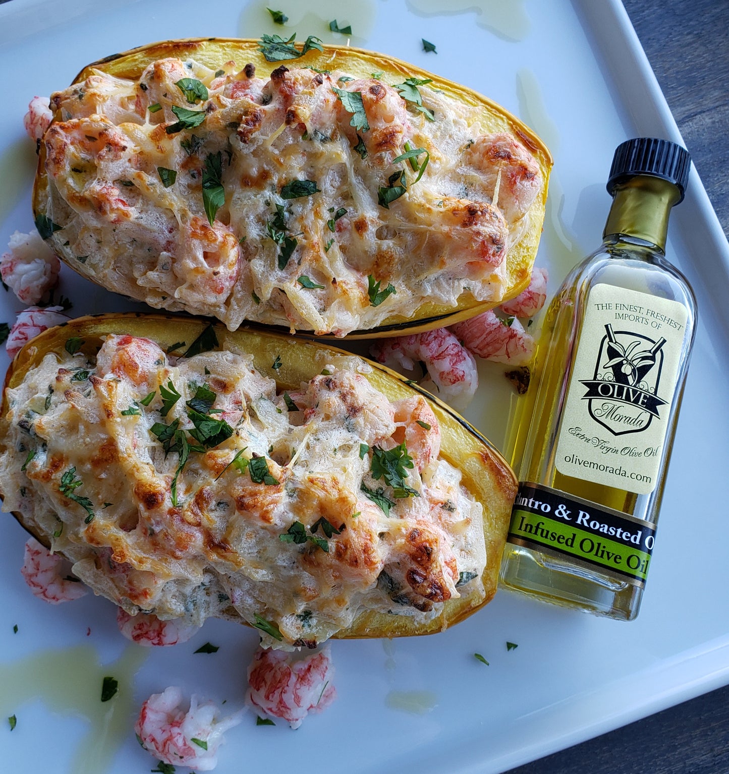 Lagostino Stuffed Delicata Squash with Olive Morada Cilantro & Roasted Onion Olive Oil