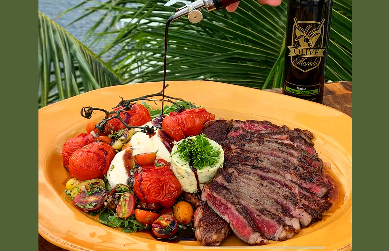 Steak Tagliata with Roasted Tomato/Buffalo Mozzarella  & Arugula Salad