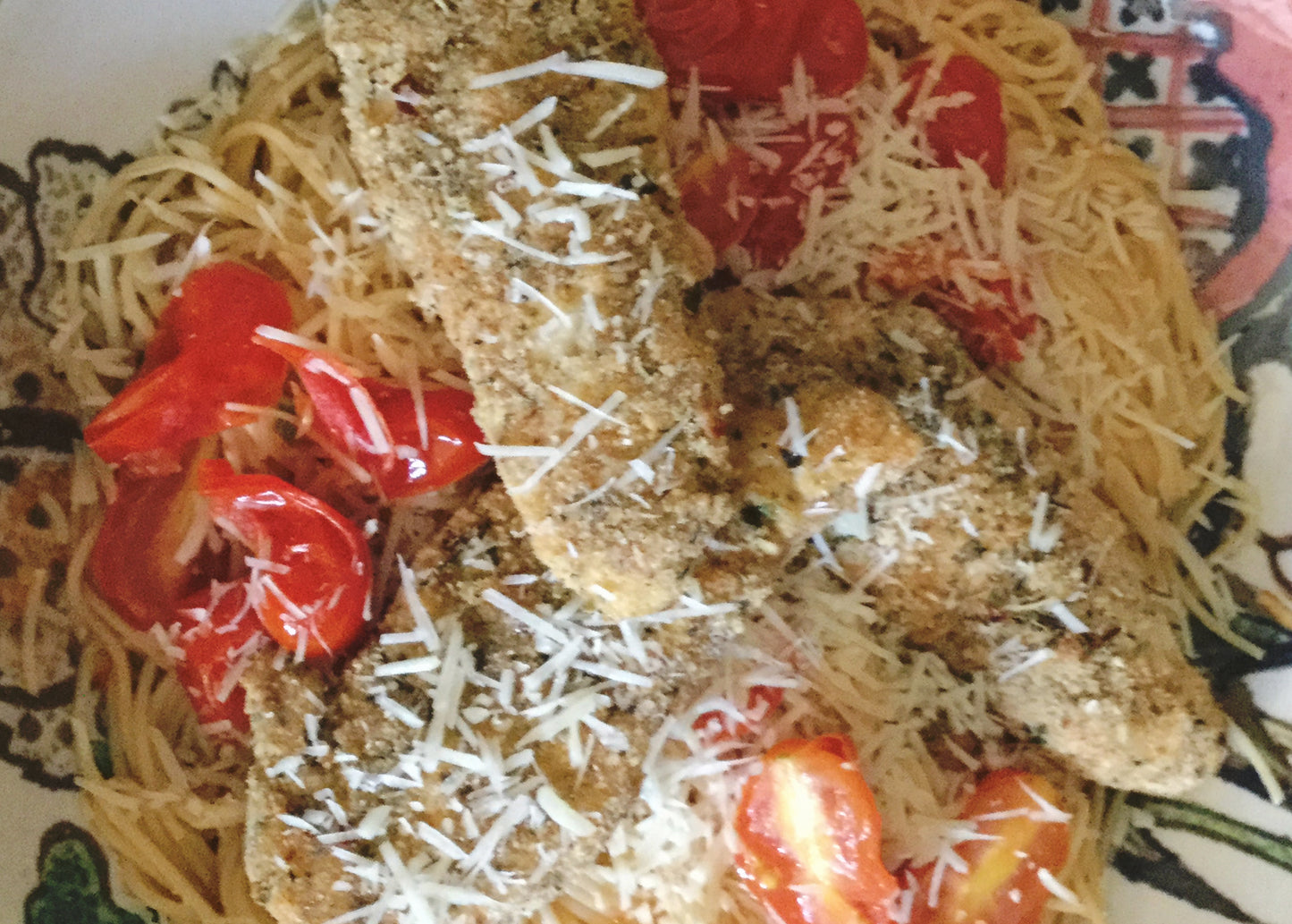 Easy Breaded Chicken Over Pasta & Tomatoes