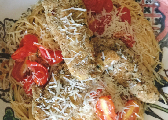 Easy Breaded Chicken Over Pasta & Tomatoes