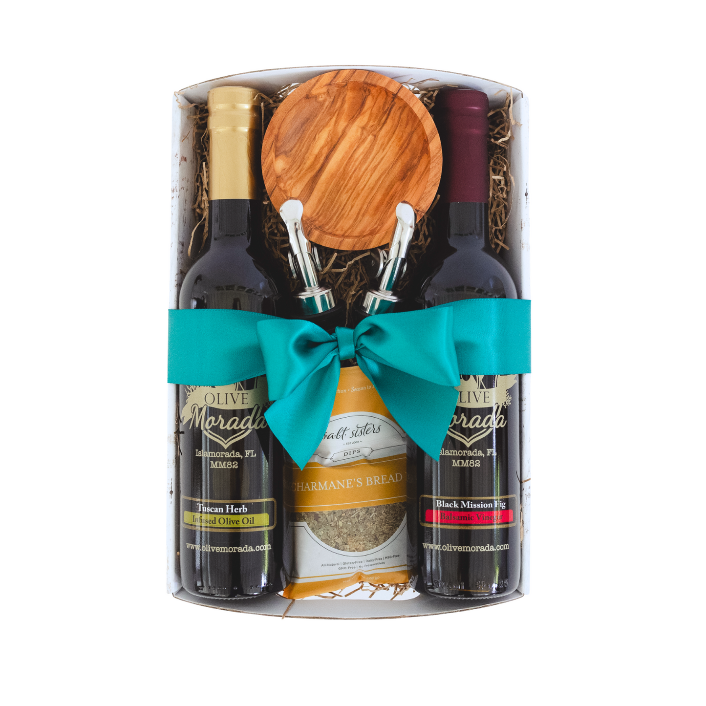 Olive Morada branded wrap gift basket with olive oils and balsamic vinegar