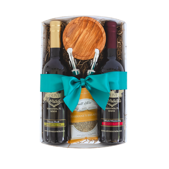 Olive Morada branded wrap gift basket with olive oils and balsamic vinegar