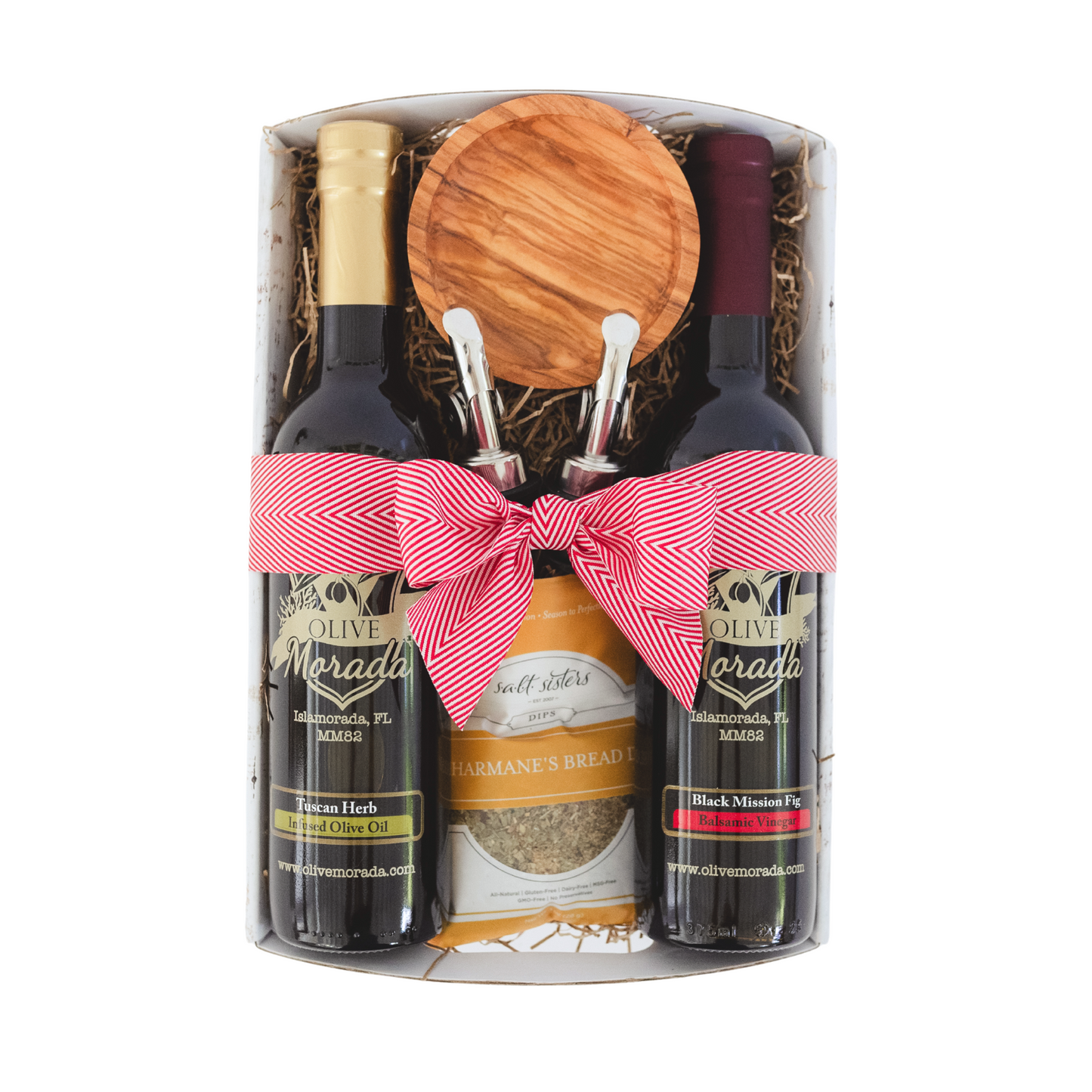 Bottle of Oil Oilve and Balsamic Vinegar, olive wood dish, holiday wrap