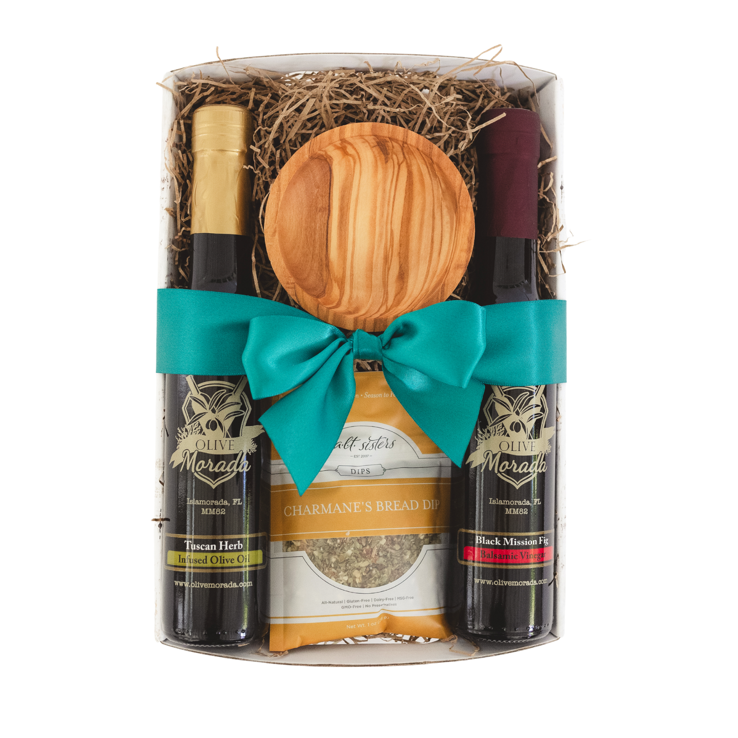 Gift set with olive oil, bread dip, olive wood dish and a bow in a box