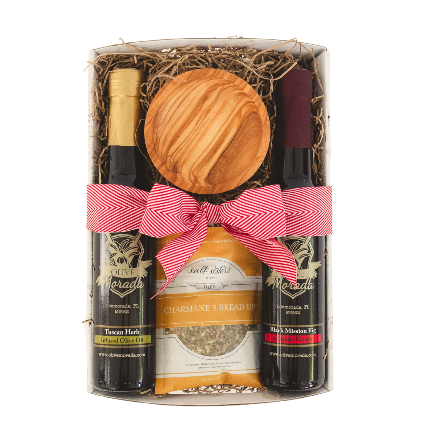 Gift set with olive oil, vinegar, dip dish, dip spice and bow in box